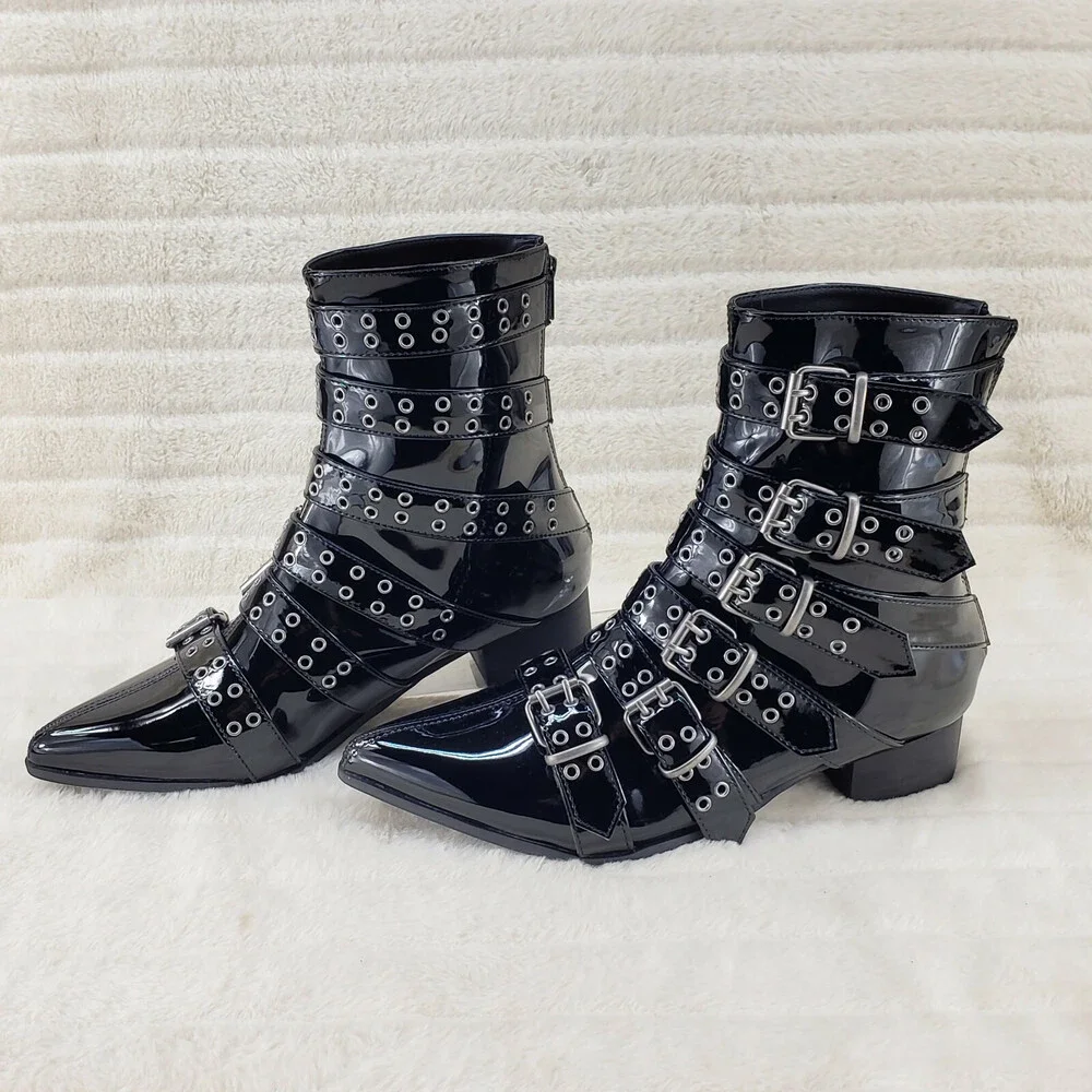 NIB DEMONIA Wicked Warlock 70 Multi Strap Winklepicker Ankle Boots Men's Patent